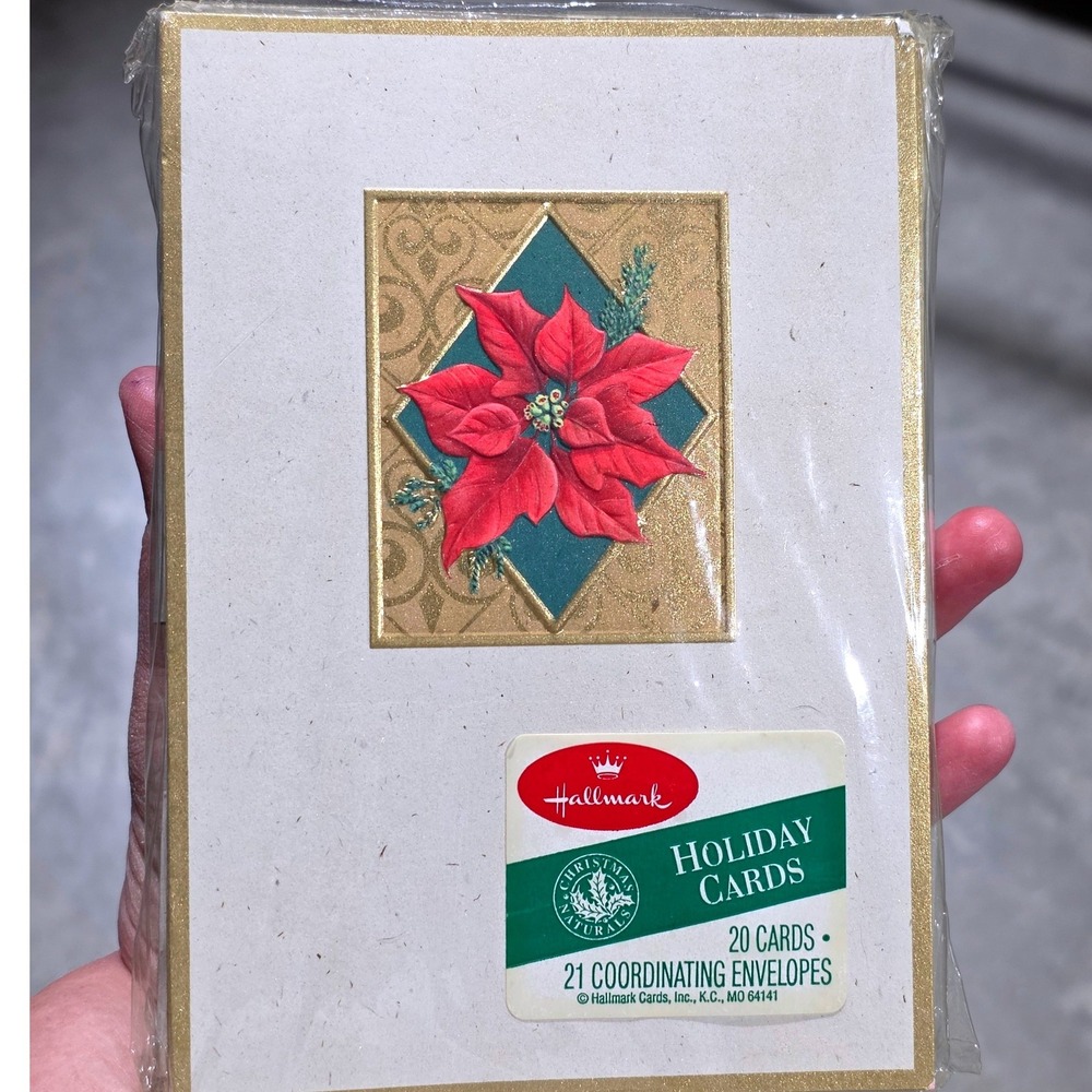 Hallmark Christmas Naturals Cards 20ct Poinsettia Gold Foil Vintage NPX‎ 418-1